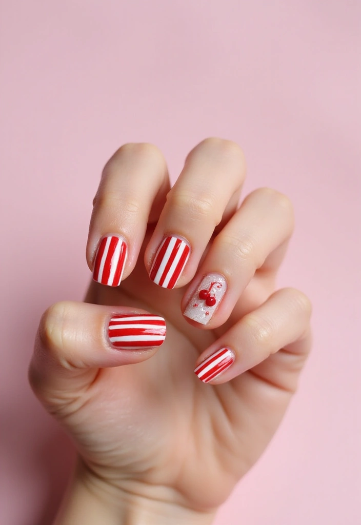 20 Eye-Catching Cherry Nail Designs for the Aesthetic Lover! - 10. Cherry and Stripes