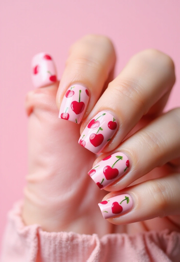 20 Eye-Catching Cherry Nail Designs for the Aesthetic Lover! - 13. Cherry Heart Nails
