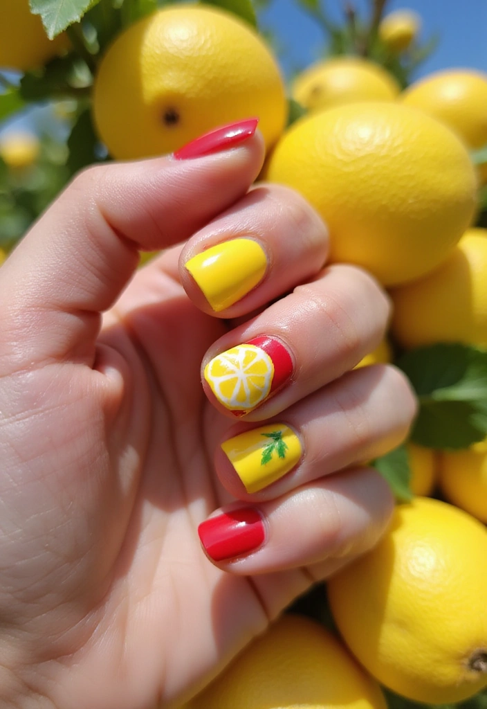 20 Eye-Catching Cherry Nail Designs for the Aesthetic Lover! - 16. Cherry and Lemon Twist