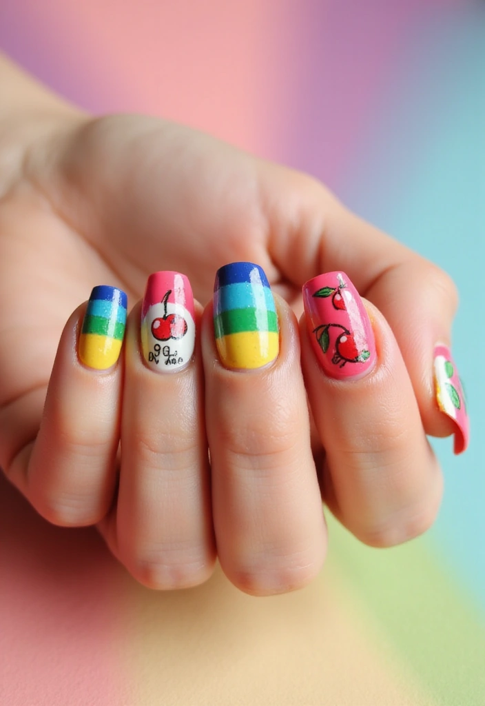 20 Eye-Catching Cherry Nail Designs for the Aesthetic Lover! - 18. Cherry Rainbow Nails