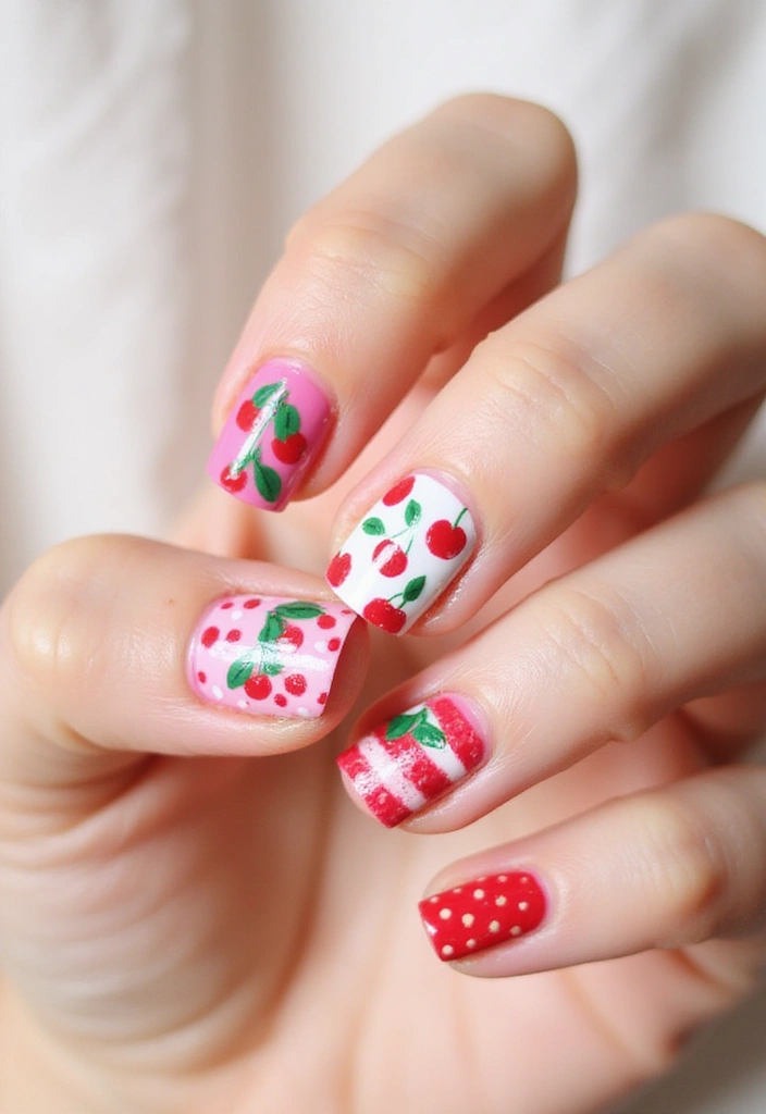 20 Eye-Catching Cherry Nail Designs for the Aesthetic Lover! - 5. Cute Cherry Patterns