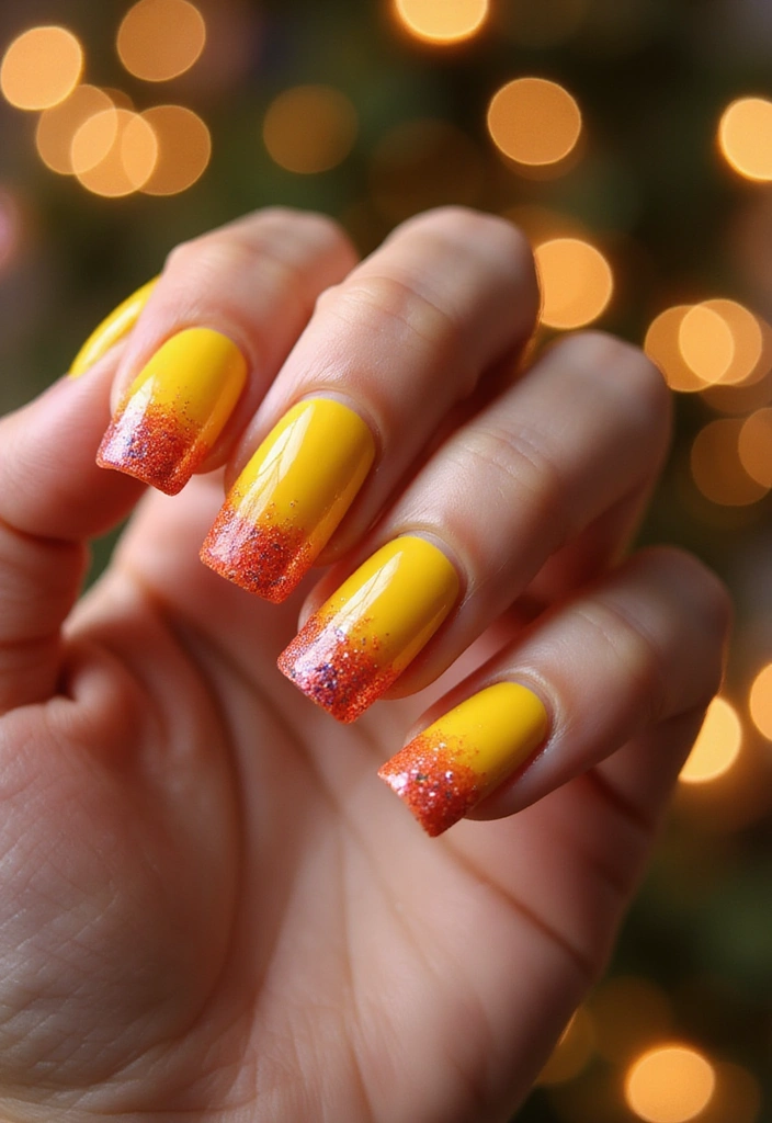 20 Summer Yellow Nails That Will Brighten Up Your Day (Don't Miss #10!) - 15. Summer Sunset Glitter