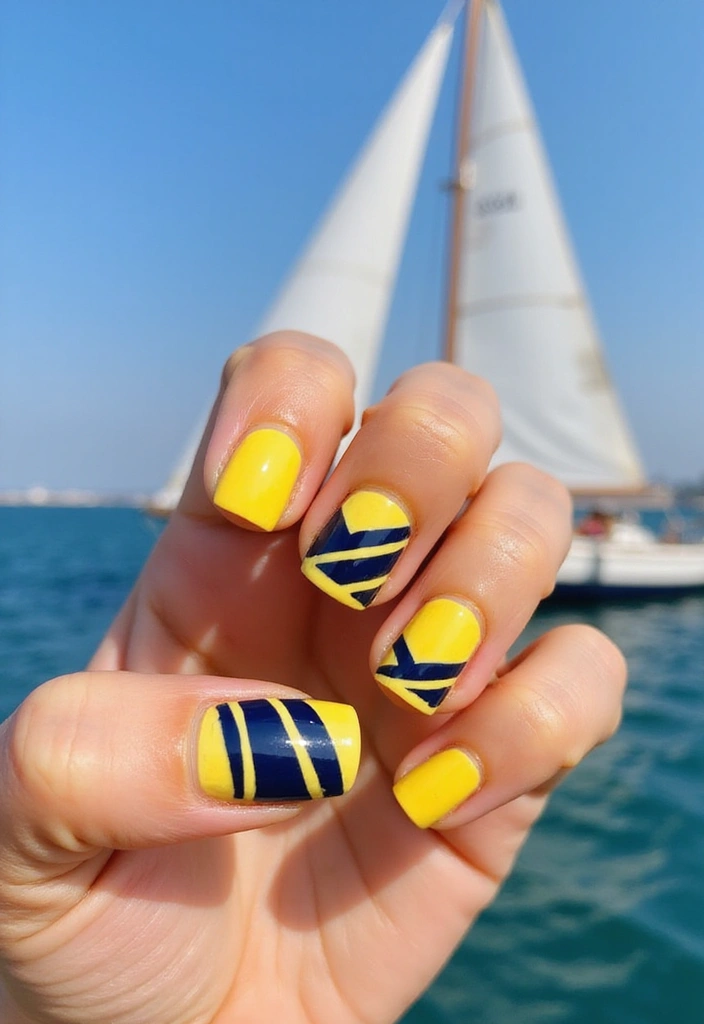 20 Summer Yellow Nails That Will Brighten Up Your Day (Don't Miss #10!) - 6. Yellow and Blue Stripes