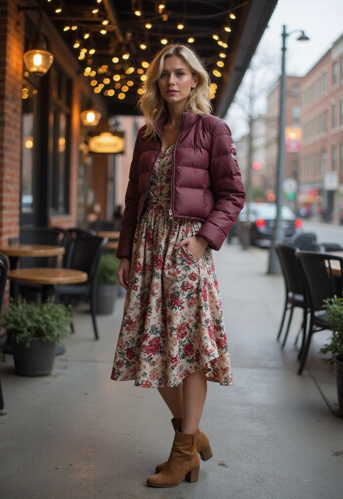 23 Cold Spring Outfits That Will Keep You Stylish and Warm (You Won't Believe #12!) - 5. Puffer Jacket with a Midi Dress