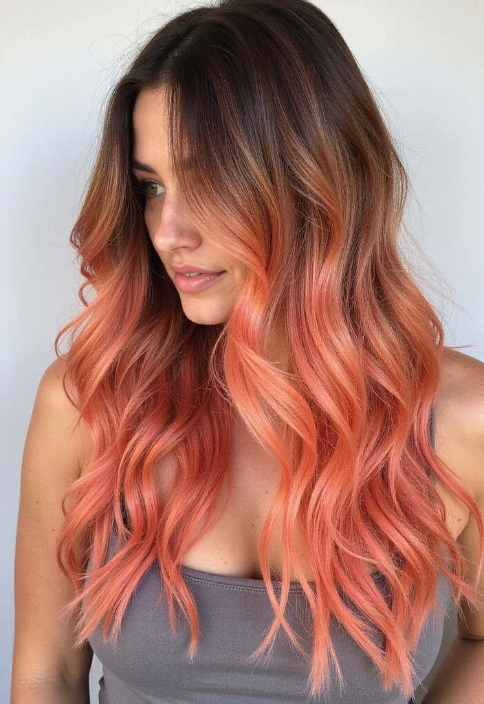 23 Must-Try Balayage Ideas for Long Hair Brunettes This Season! - 25. Peachy Coral Balayage