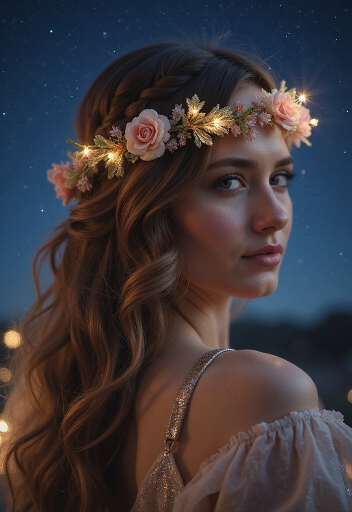 24 Aura Beauty Hairstyles That Glow With Celestial Vibes - 10. Starlit Crown with Flower Accents