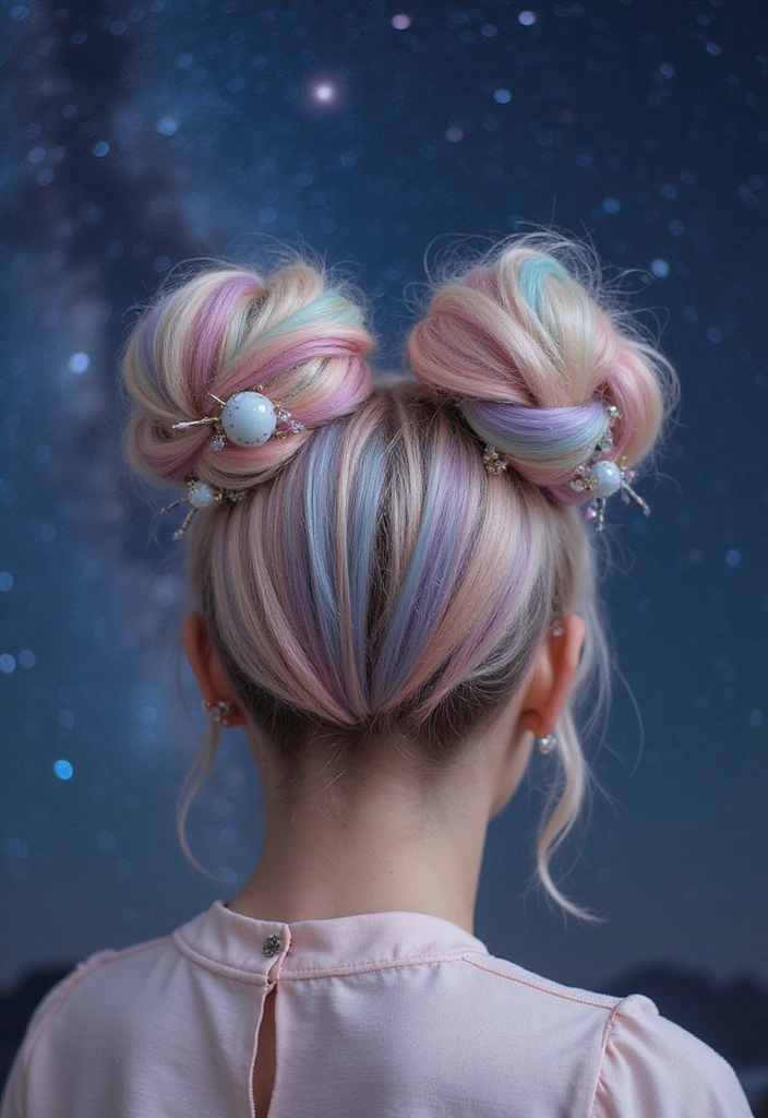 24 Aura Beauty Hairstyles That Glow With Celestial Vibes - 24. Ethereal Space Bun with Celestial Accents