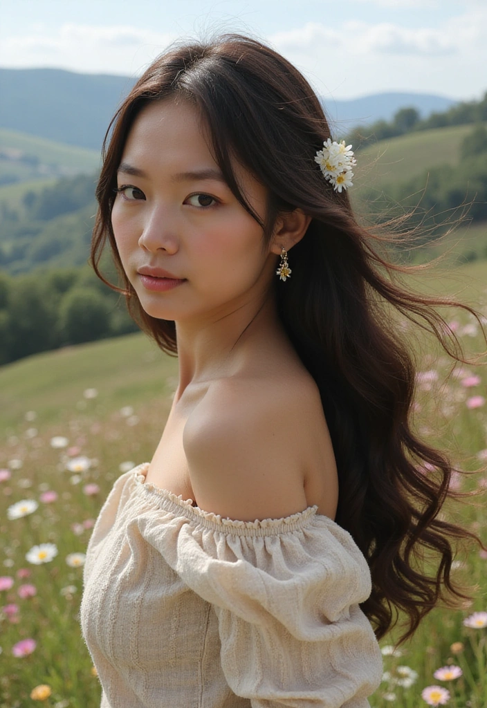 25 Castlecore Hairstyles That Belong in a Fantasy Film - 4. Dreamy Loose Waves with Floral Accents