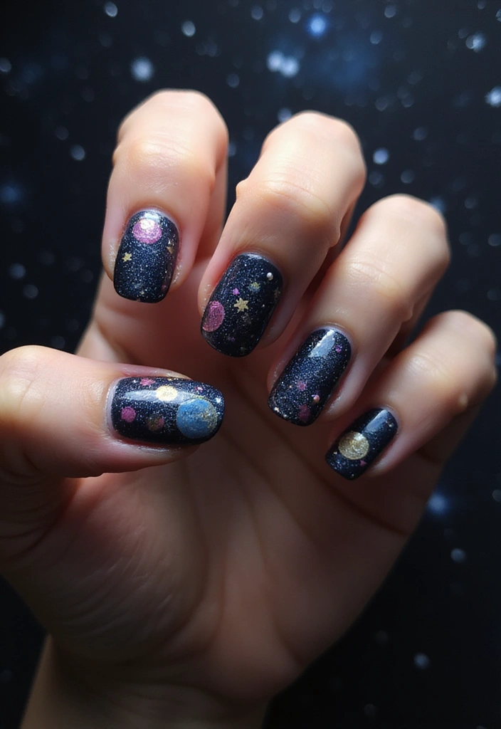 25 Creative Short Nails Designs for Kids That Will Inspire Fun! - 10. Glittery Galaxy