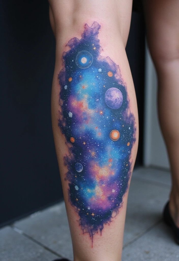 27 Leg Tattoos Ideas for Women That Are Works of Art on Skin! - 13. Cosmic and Celestial Designs