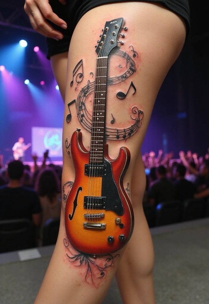 27 Leg Tattoos Ideas for Women That Are Works of Art on Skin! - 18. Music-Inspired Tattoos