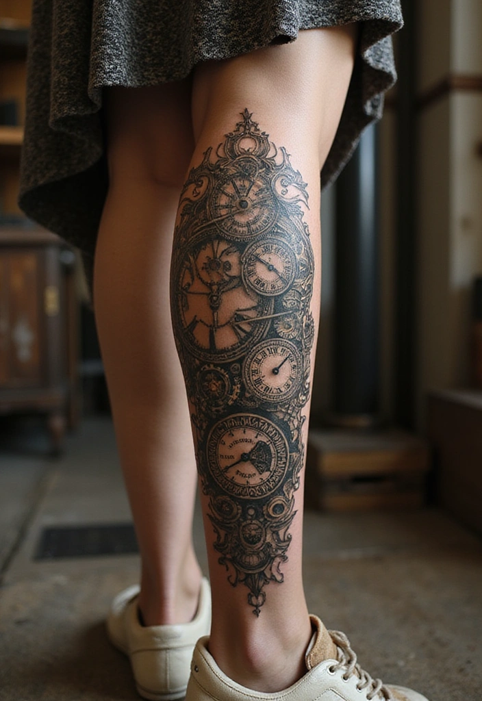 27 Leg Tattoos Ideas for Women That Are Works of Art on Skin! - 20. Steampunk Designs