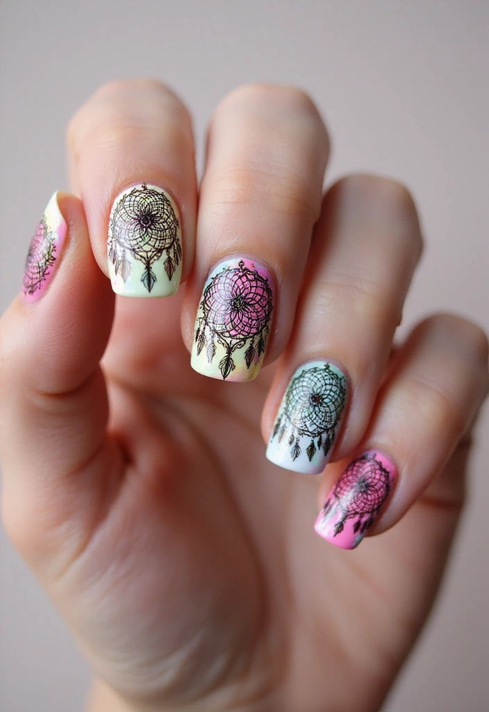 29 Terra Futura Nail Designs That Blend Nature and Neon - 24. Neon Dreamcatcher