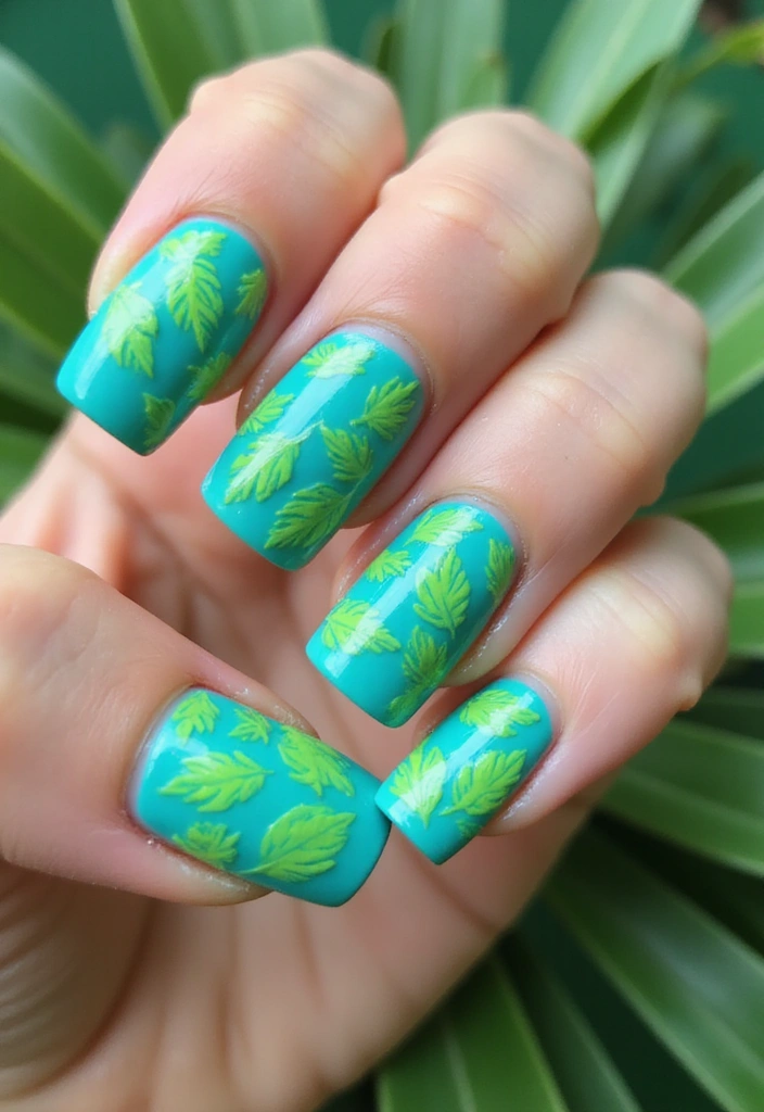 29 Terra Futura Nail Designs That Blend Nature and Neon - 7. Leafy Neon
