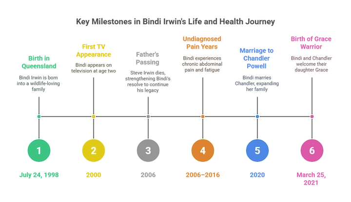 Colorful timeline infographic showing Bindi Irwin’s early life and career milestones.