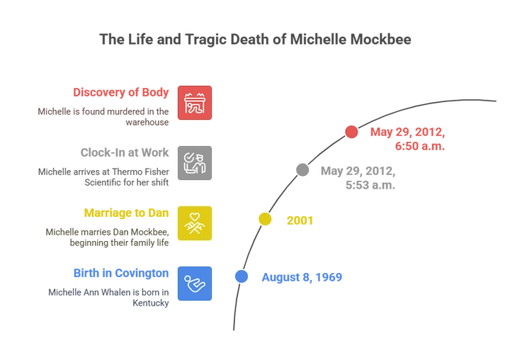 Timeline infographic of key events in the Michelle Mockbee murder case from 2012 to 2019.