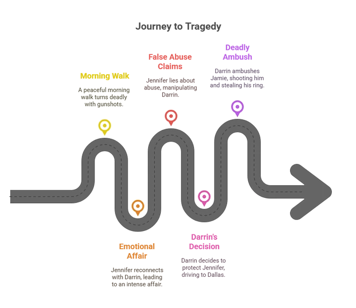 Visual timeline showing key events in the Jamie Faith murder case involving Darrin Lopez and Jennifer.