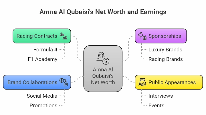 Infographic showing Amna Al Qubaisi’s 2025 net worth sources including racing, sponsors, and media