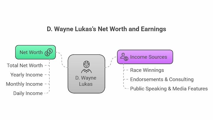 D. Wayne Lukas’s Net Worth chart showing income sources including race winnings and endorsements.