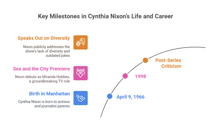 Timeline infographic showing Cynthia Nixon’s career milestones, advocacy work, and personal achievements.
