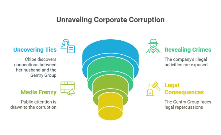 Business process funnel chart illustrating corporate crime concepts linked to The Better Sister storyline.