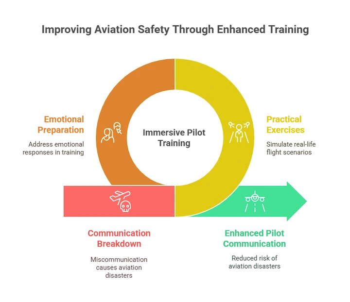 Diagram explaining the impact of improved pilot communication on aviation safety outcomes.