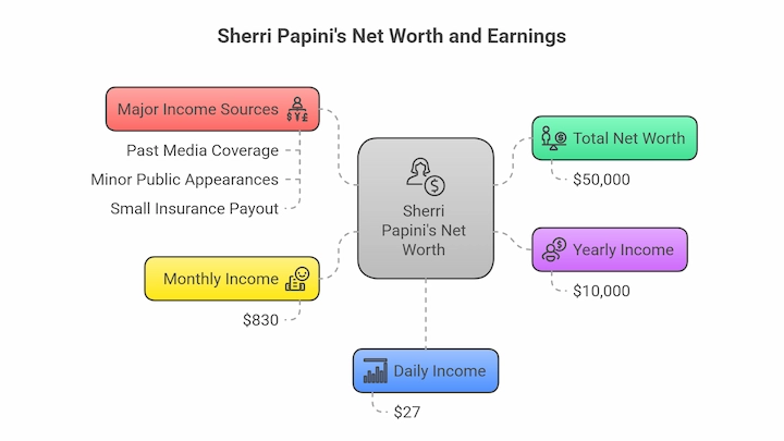 Sherri Papini’s Net Worth and Earnings infographic showing income sources, yearly, monthly, daily income