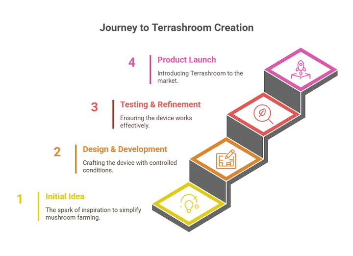 Terrashroom mushroom growing process infographic with four clear stages.