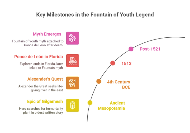 Timeline chart showing historical myths and figures related to the search for eternal youth across different cultures.