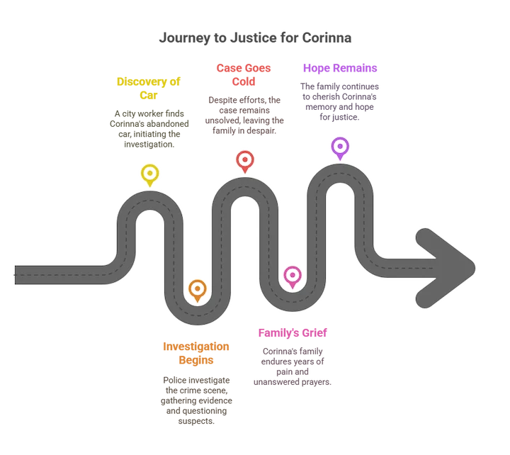 Timeline graphic showing investigation and key events in Corinna Mullen’s 1987 murder case.