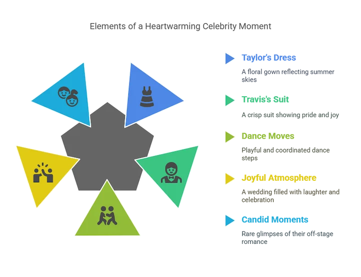 Infographic with colorful segments showing wedding attire, dance and couple icons around a hexagon.