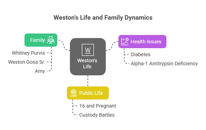Diagram showing Weston Gosa Jr.’s life including family, health issues, and public life.
