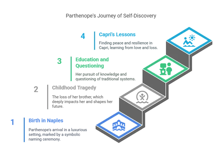 Diagram showing steps of character development and storytelling elements in a film structure.