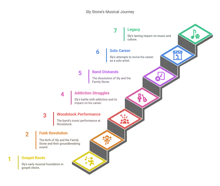 Visual timeline of Sly Stone’s musical evolution and funk genre milestones in vibrant colors.