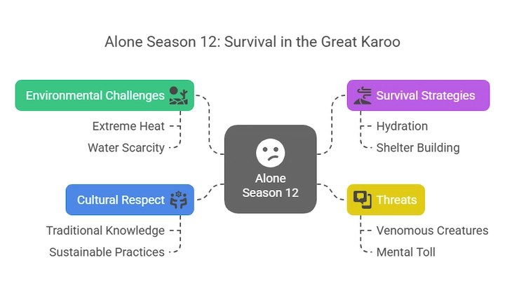 Alone Season 12 mind map showing survival strategies and threats in the Great Karoo desert.