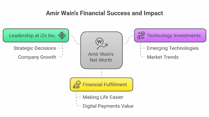 Diagram of Amir Wain's financial success showing leadership, tech investments, and payment value.