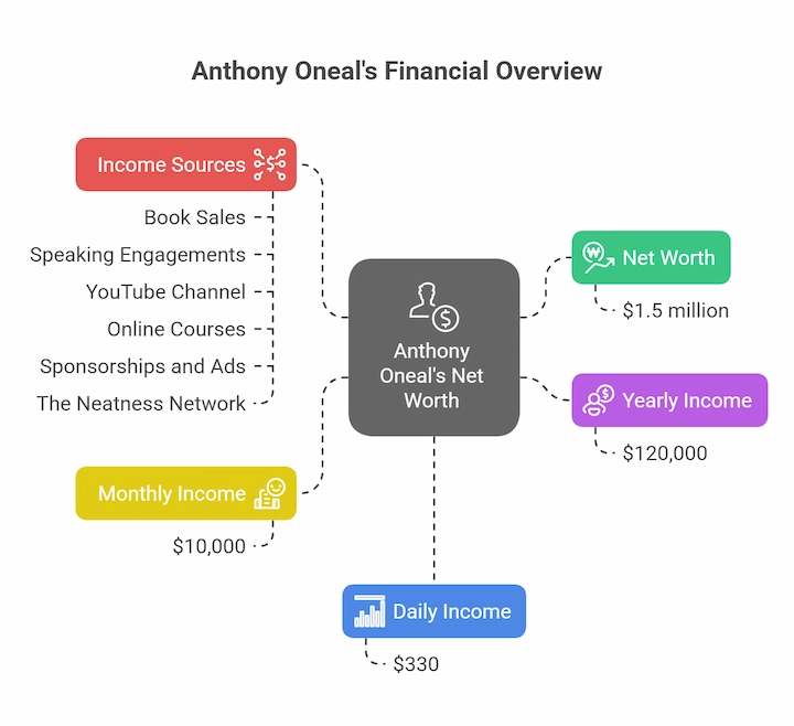 Anthony Oneal’s financial overview chart showing net worth, income sources, and yearly earnings.