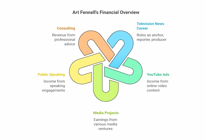Art Fennell’s financial overview chart showing income sources from career, media projects, and speaking.