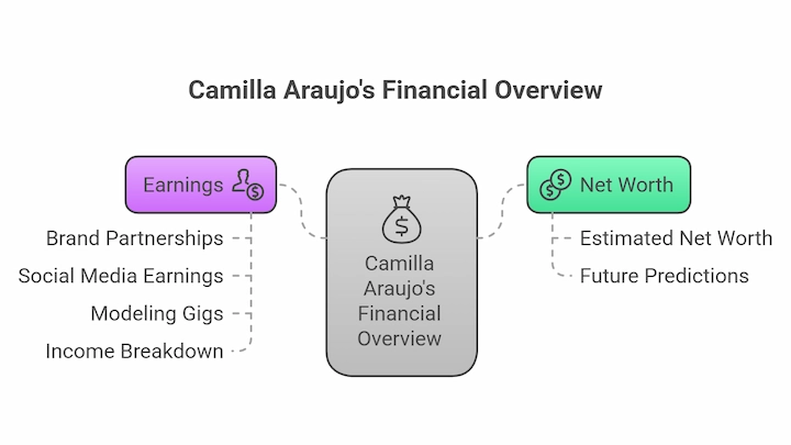Camilla Araujo's financial overview chart showing earnings, net worth, and future financial predictions