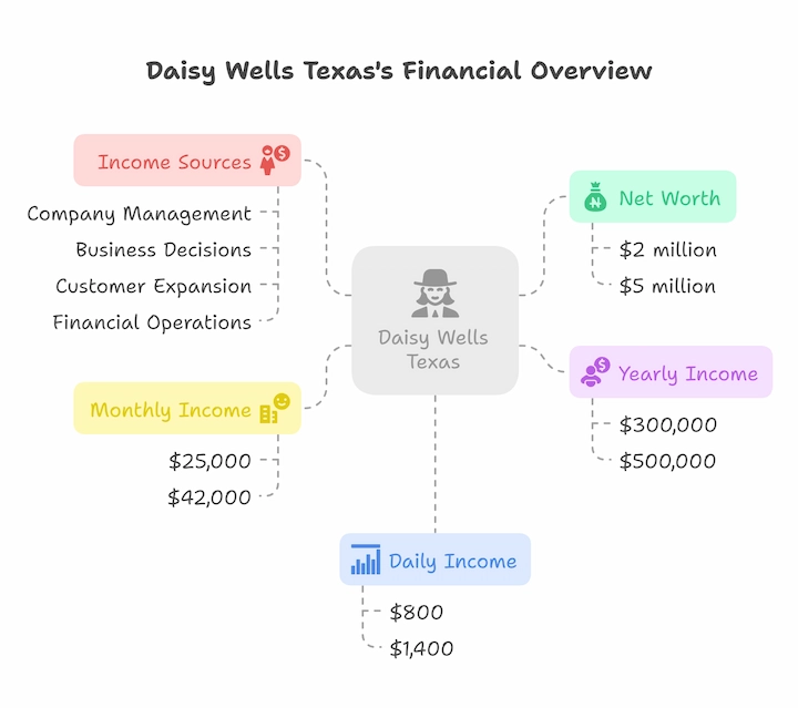 Infographic showing Daisy Wells Texas’s net worth, yearly, monthly, and daily income sources