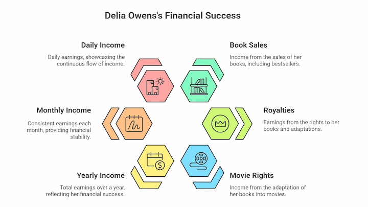 Delia Owens’s financial success chart showing income from books, royalties, movie rights, and earnings.