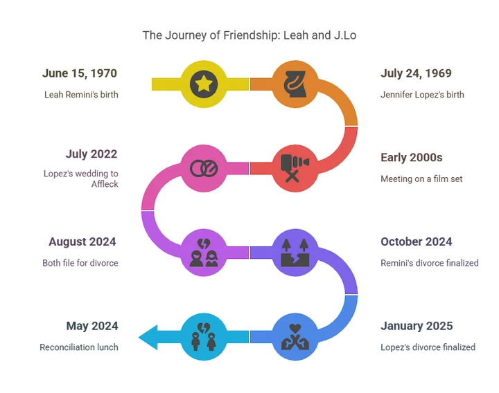 Colorful timeline infographic depicting Leah Remini and Jennifer Lopez friendship journey events.