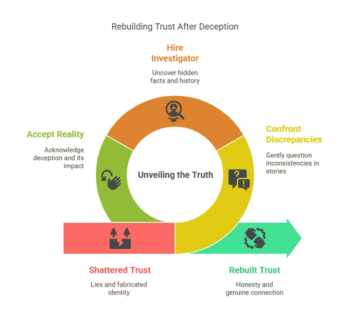 Infographic of trust cycle: bonding, hidden lies revealed, emotional fallout, and survivor recovery.