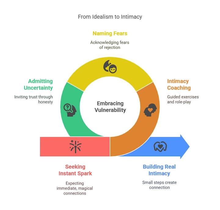Infographic of Deanne Black’s journey: high standards, dating fears, vulnerability, growth.