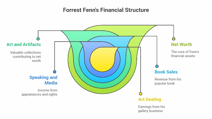Infographic showing Forrest Fenn’s financial structure including art, books, media, and net worth.