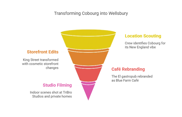 Funnel chart showing transforming Cobourg into Wellsbury: site scouting, edits build, studio filming.