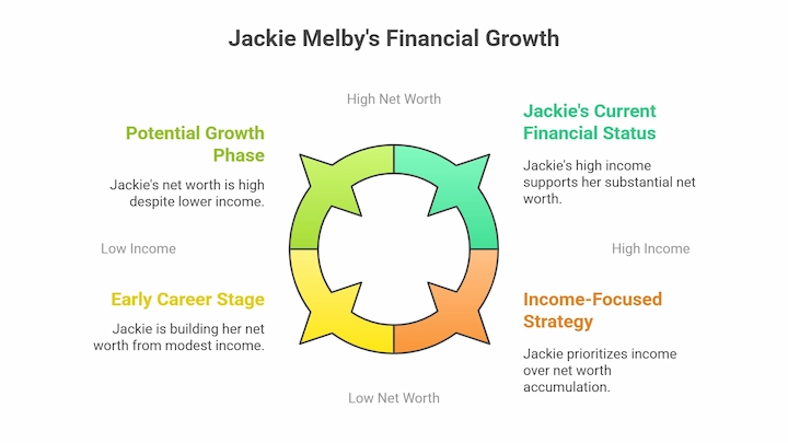 Diagram of Jackie Melby’s Financial Growth showing career stages and income-net worth strategy.