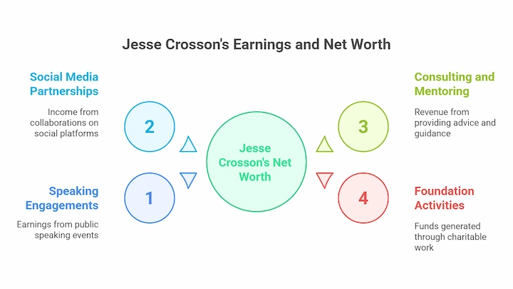 Infographic showing Jesse Crosson’s earnings sources: speaking, social media, consulting, charity.