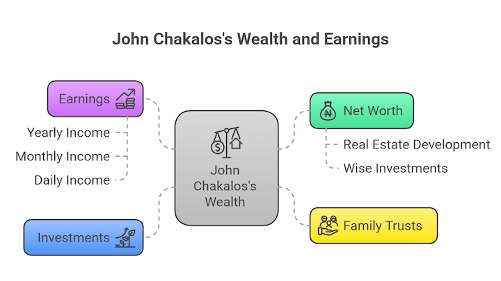 John Chakalos’s wealth and earnings chart showing income, net worth, investments, and family trusts.