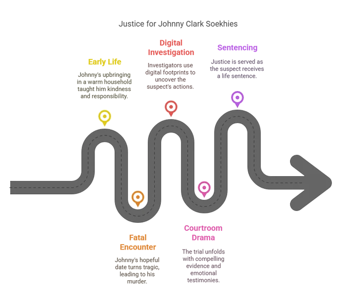 Roadmap graphic with pins marking Johnny Soekhies’s life events from birth to fatal date.